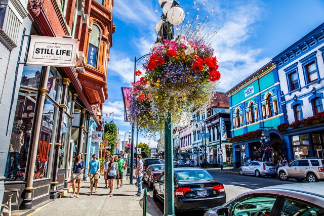 Flower baskets overtake streetlights on lower Johnson Street, people walking and shopping