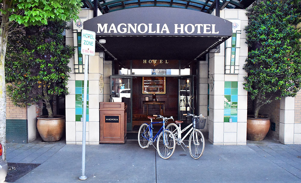 Bikes outside street level entrance of Magnolia Hotel