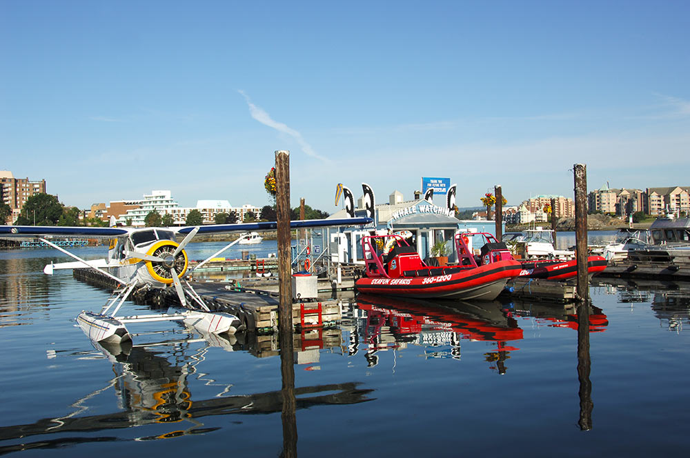 Inner Harbour dock with whale watching boat tours and airplane tours.