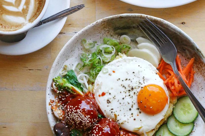 breakfast, egg, veggies, cappuccino