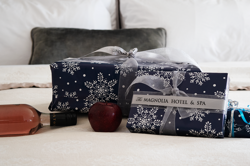 Gift boxes on bed Holiday Shopping